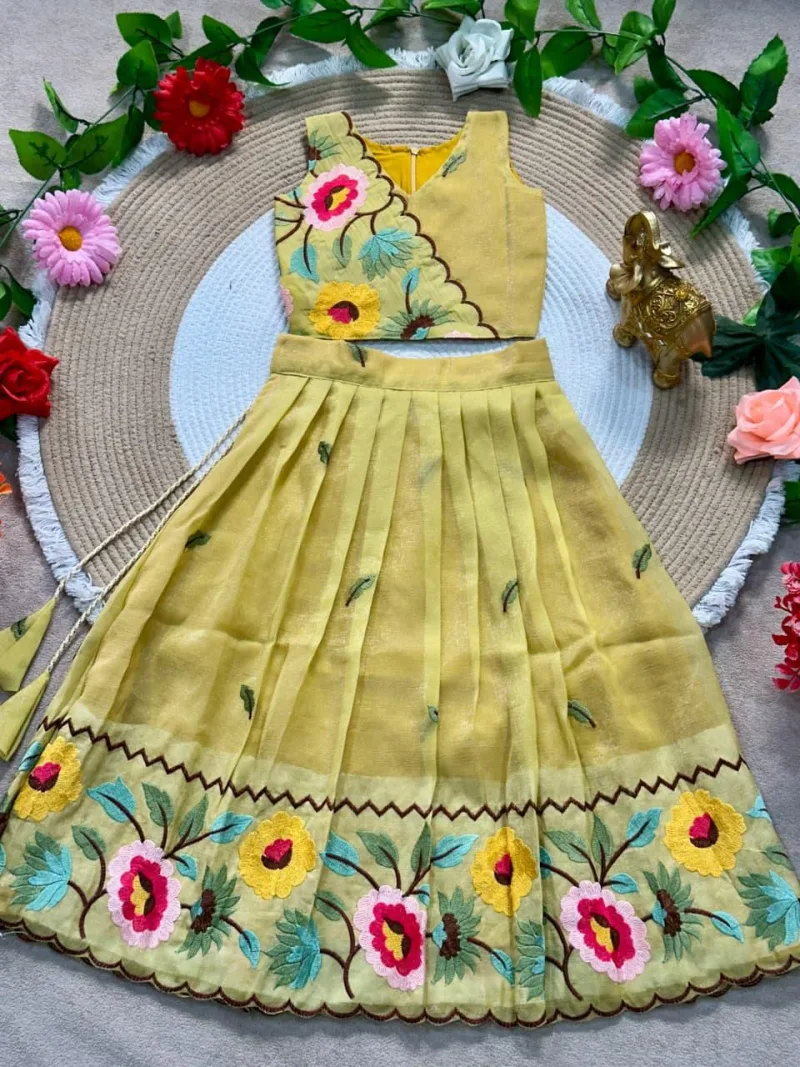 Ajd 8202 Crunchy Silk Floral Embroidery Work Kids Lehenga Choli